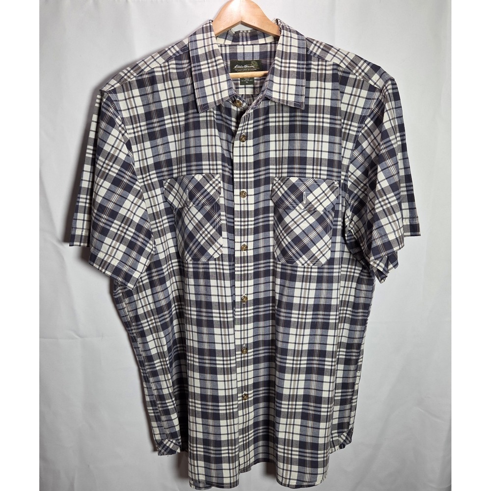 Eddie Bauer Men's Short Sleeve Blue Plaid Button Down Causal XL Shirt Outdoor